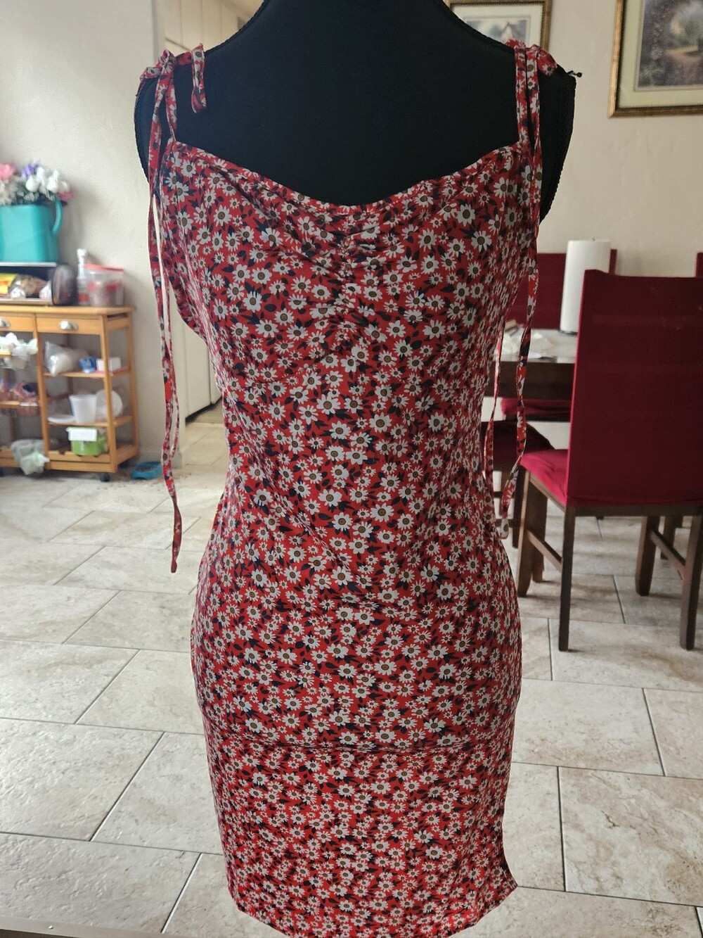 SHEIN Red Daisy Tie-Shoulder Mini Dress